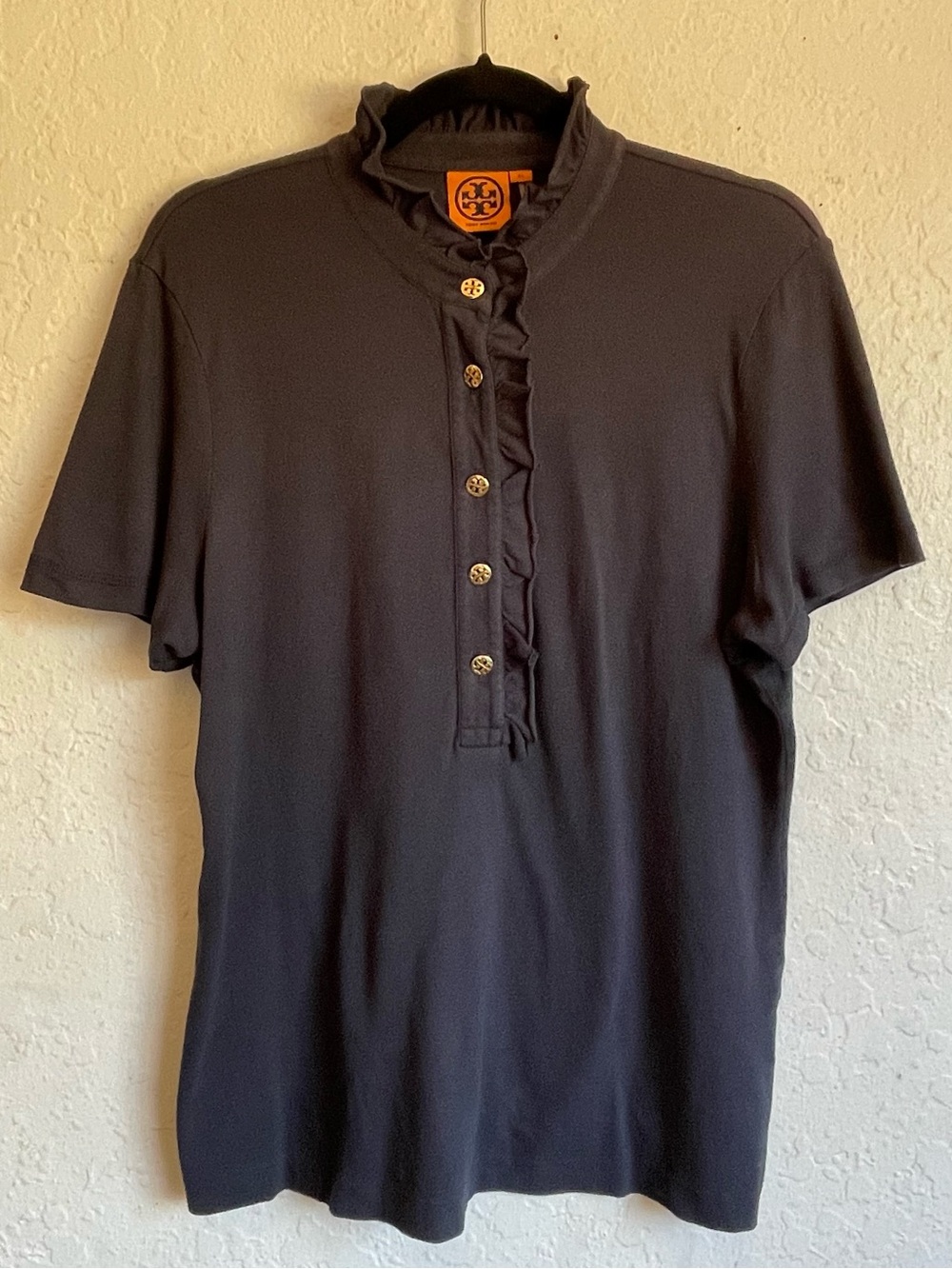 TORY BURCH LIDIA POLO SHIRT Navy Short-Sleeve Ruffle-Placket Polo XL - Picture 2 of 10